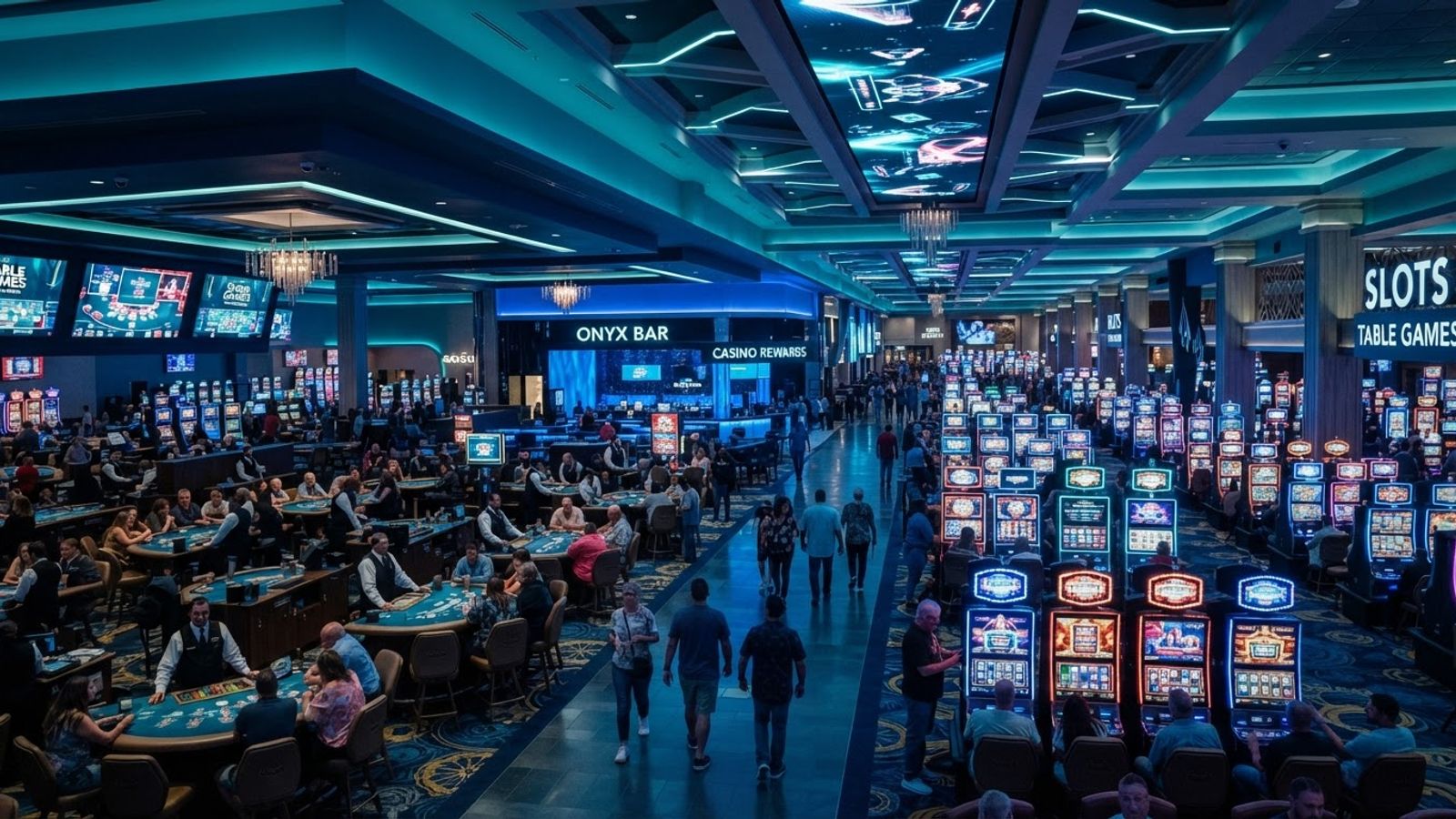 Wide view of casino slot machines and tables