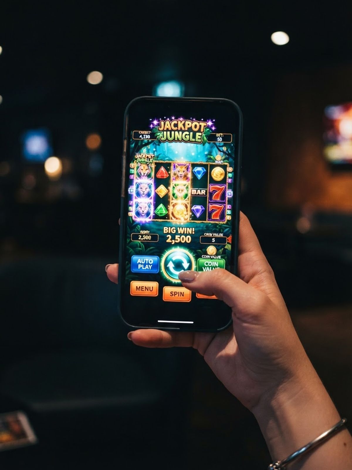Smartphone showing mobile casino slot game